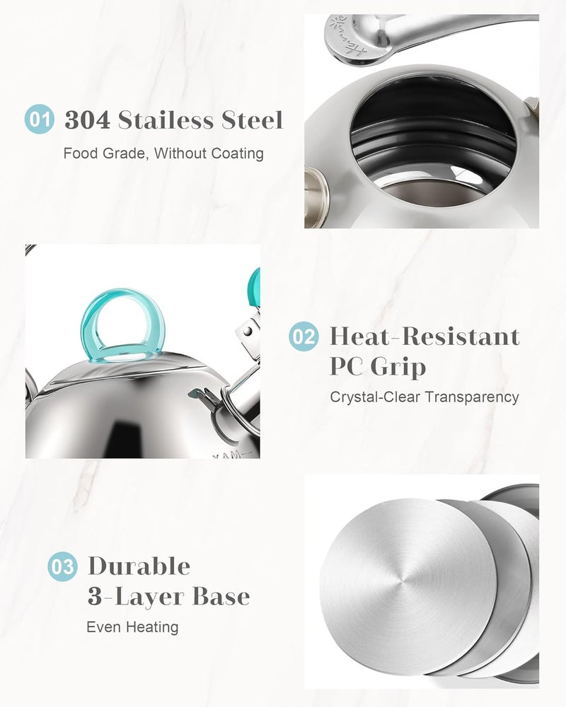 harriet Tea Kettle Stovetop, 2.5 Quart Whistling Stainless Steel Tea Pot, 3-Layer Base, Unique Ergonomic Handle, Includes Pot Holder & Mat, Electric/Induction/Gas Stovetops Applicable, Mirror Finish - Image 5